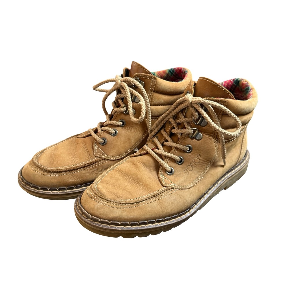 Sporto Tan Leather Plaid Lined Moc Toe‎ Lace Up Ankle Boots Womens 8M Brazil VTG